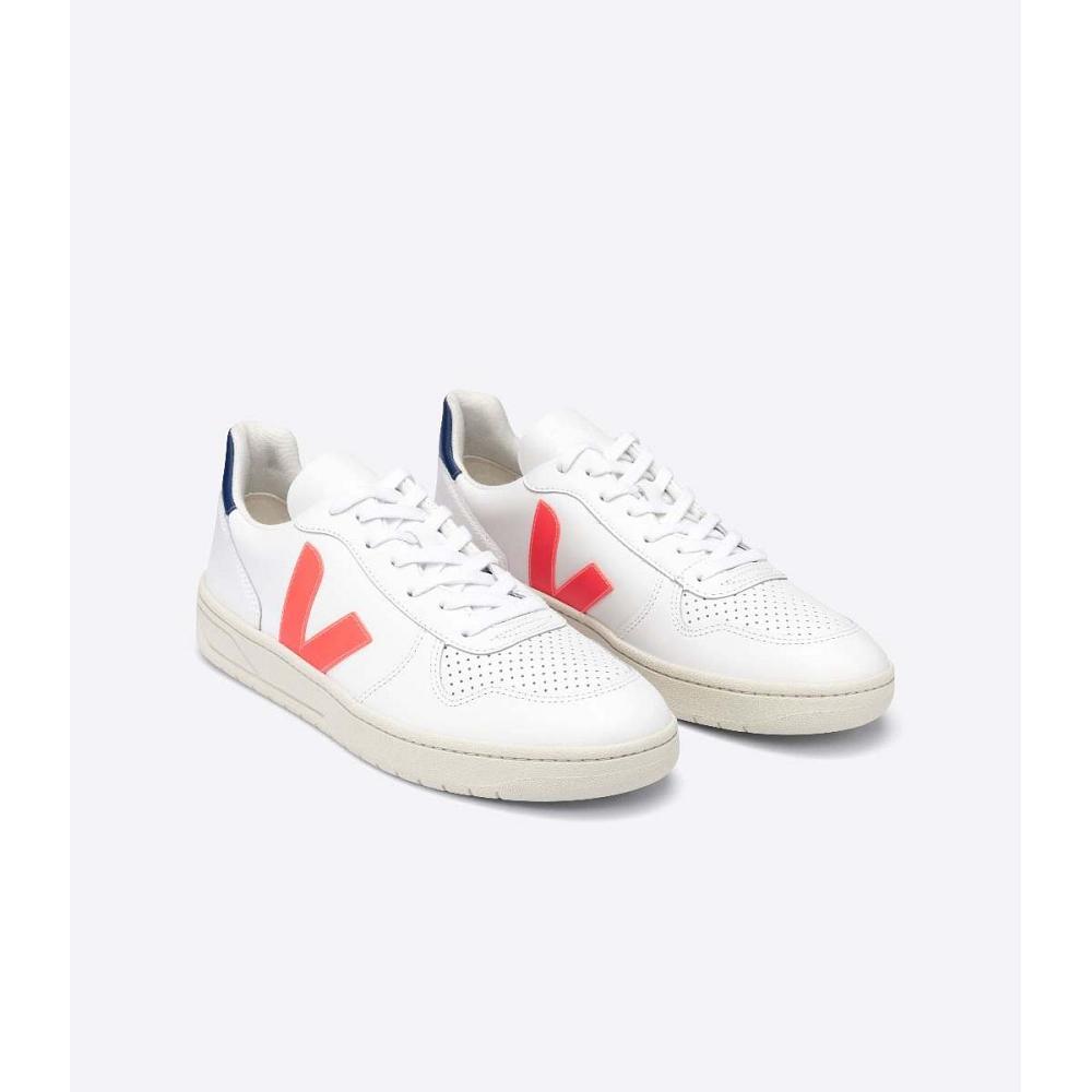 Veja V-10 LEATHER Sneakers Dames White/Orange/Blue | NL 646JPQ